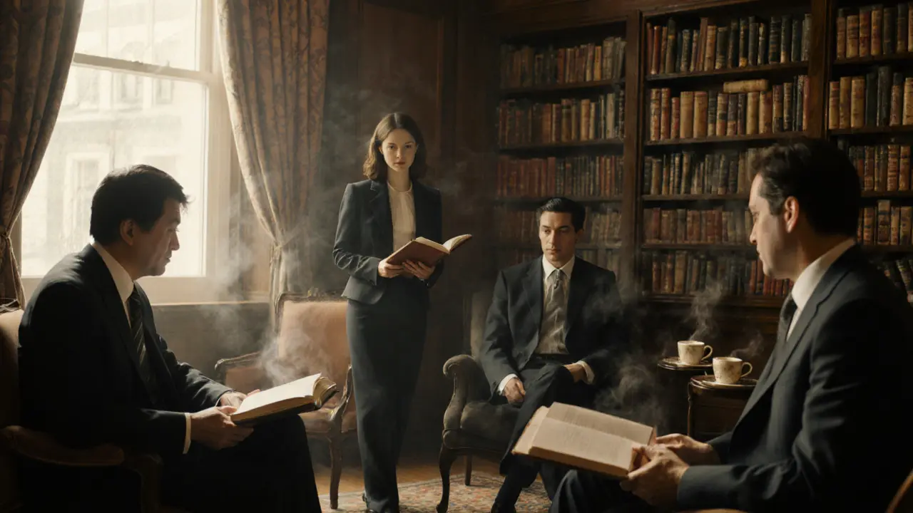 A calm companion moves quietly among professionals reading in a London library, surrounded by books and tea.
