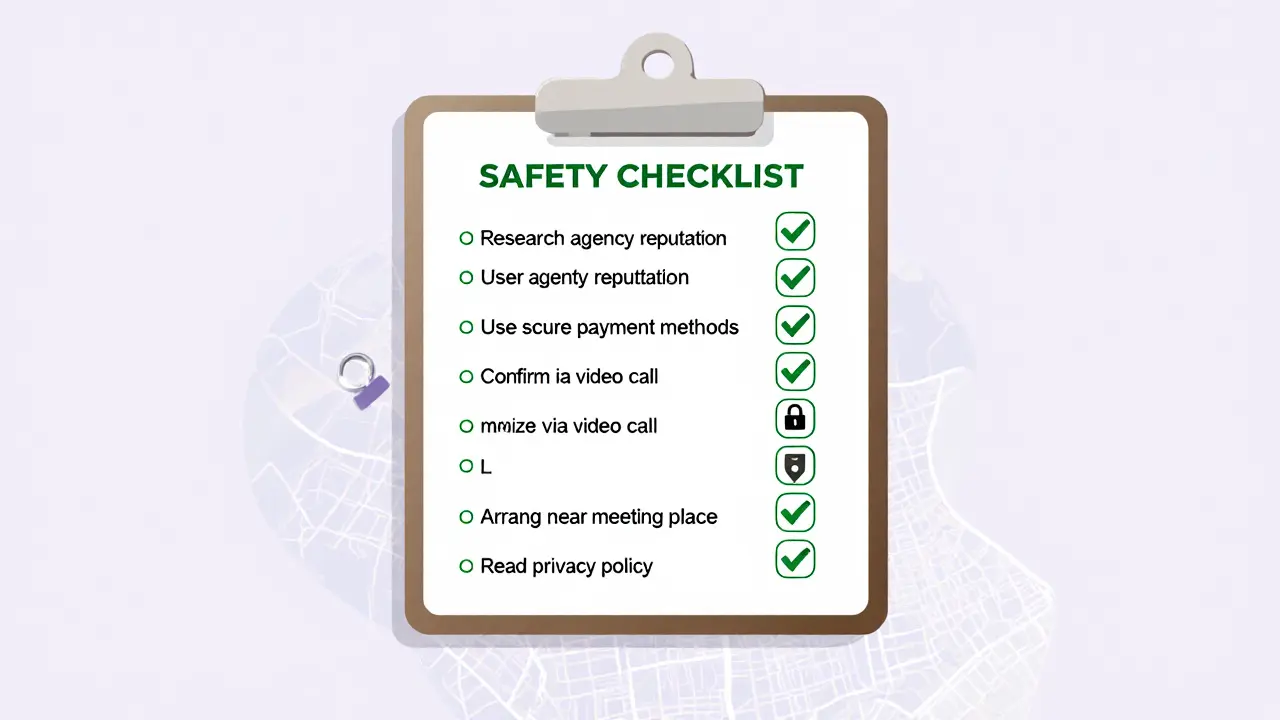 A clipboard displays a safety checklist for hiring an escort.