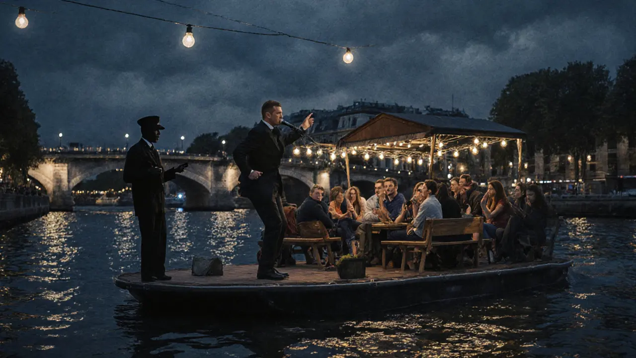 A comedy show on a boat on the Seine at night, string lights reflecting on water, a performer gesturing as a metro conductor silhouette looms.