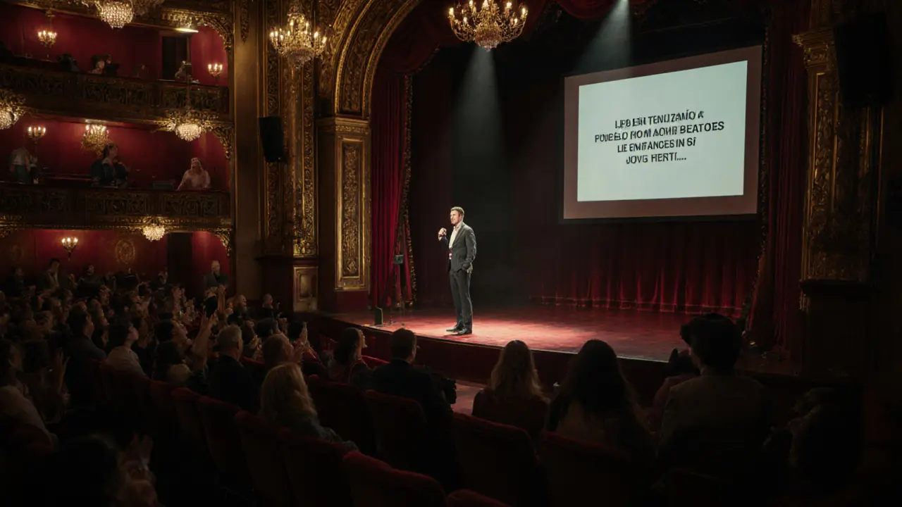 A grand historic venue with velvet seats and a comedian on stage under spotlight, English subtitles visible on a screen.