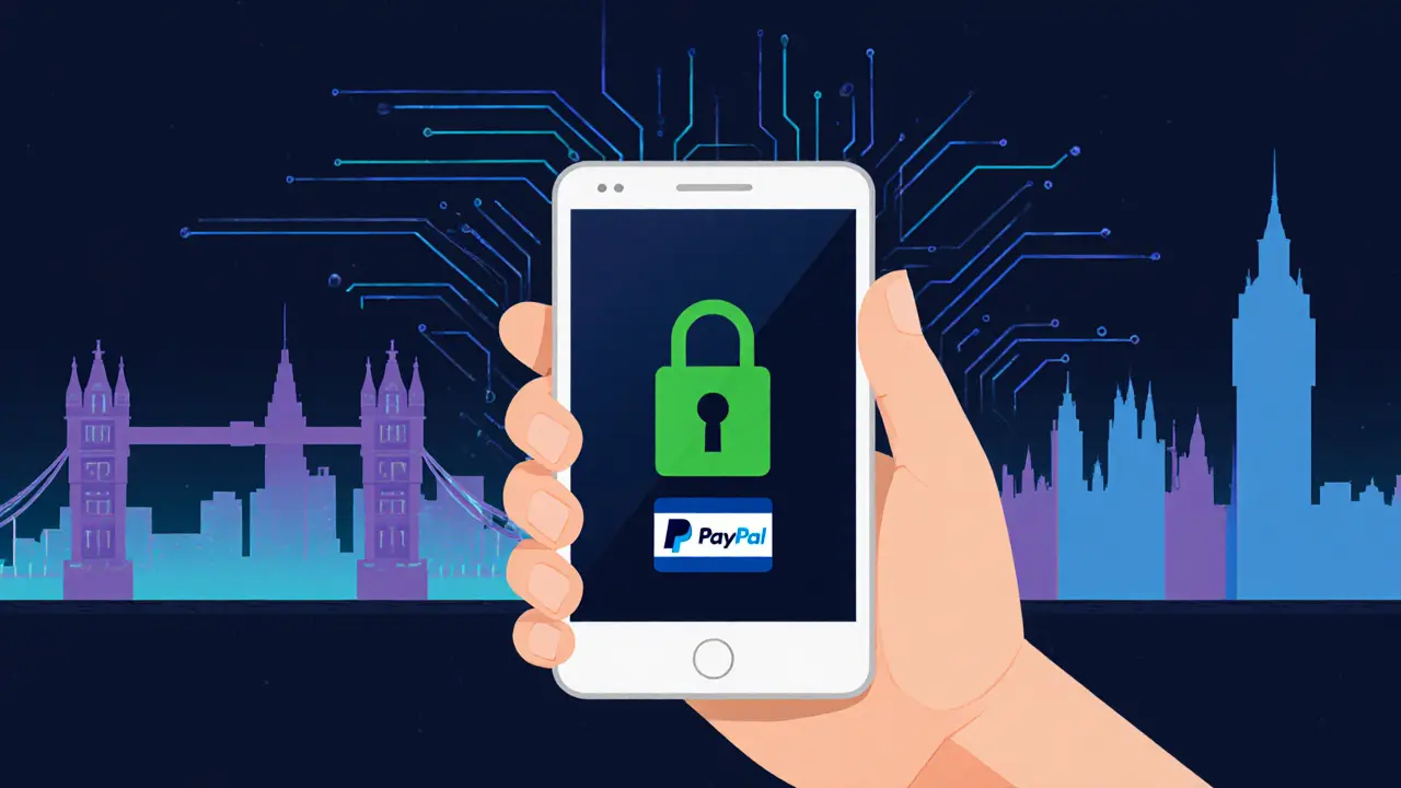 A hand holds a phone showing a secure payment screen with a lock icon.