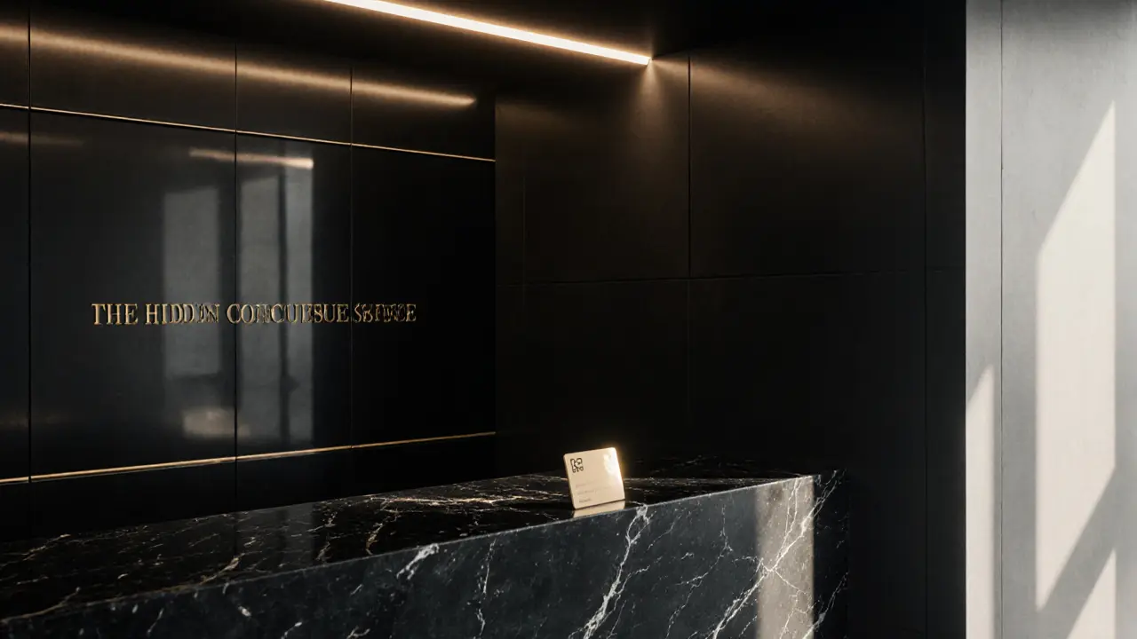 A hidden entrance to an exclusive service with a glowing keycard on black marble, no signs or people visible.