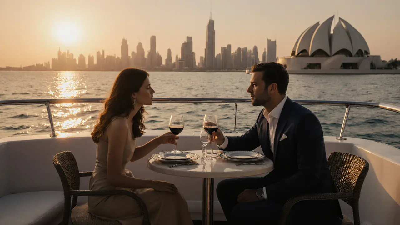 A man and woman on a private yacht at sunset, engaging in quiet conversation over wine with Dubai's skyline in the distance.