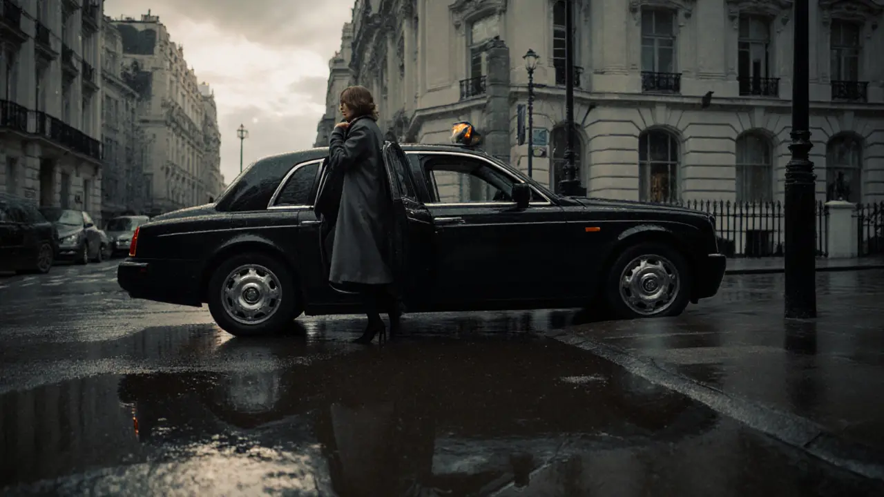An escort walks away from a cab into a rainy London dawn, coat pulled tight, reflection visible in wet pavement.
