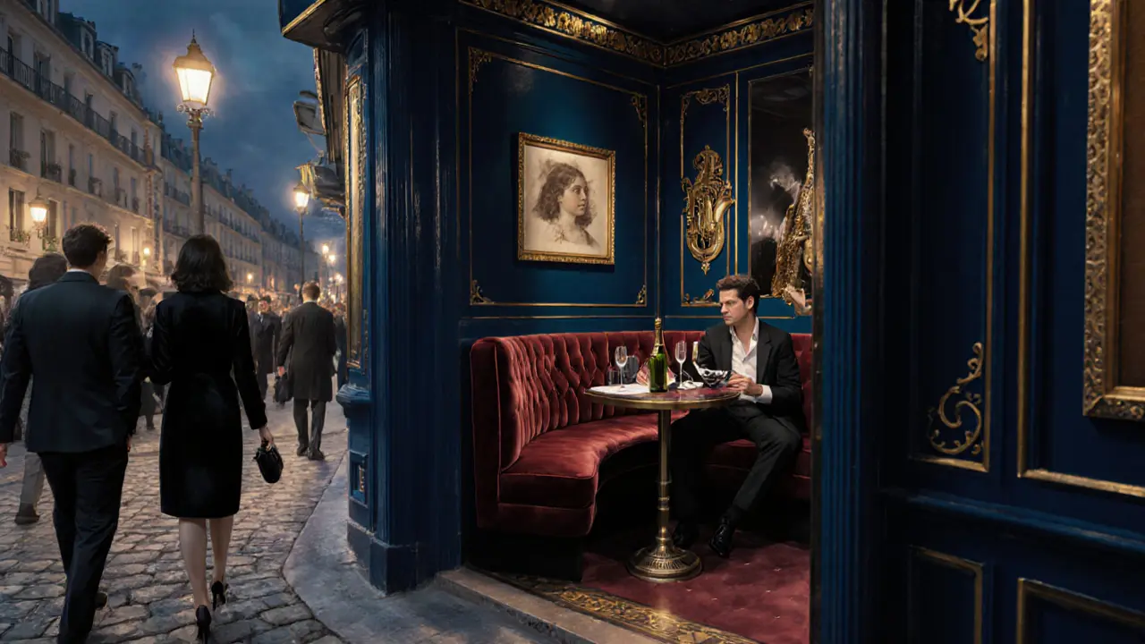 Couple entering a jazz bar in Saint‑Germain with live saxophonist.