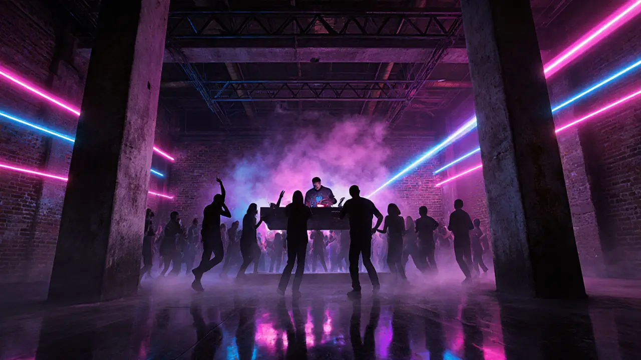 Dark, neon‑lit underground club with dancing crowd and DJ booth.