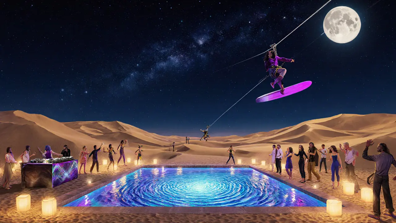 Desert pop‑up club with galaxy pool, DJ, and zipline under starry sky.