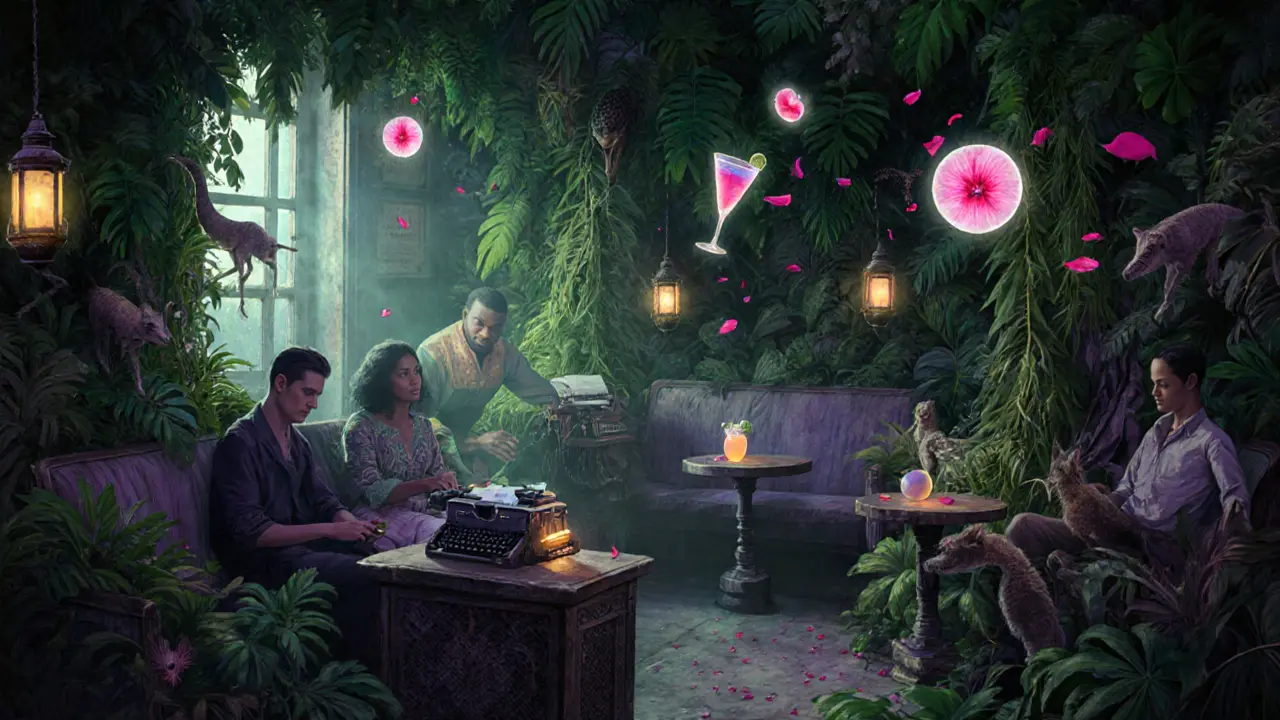 Dreamlike jungle bar filled with tropical plants, antique objects, and glowing cocktails in a surreal Parisian hidden space.