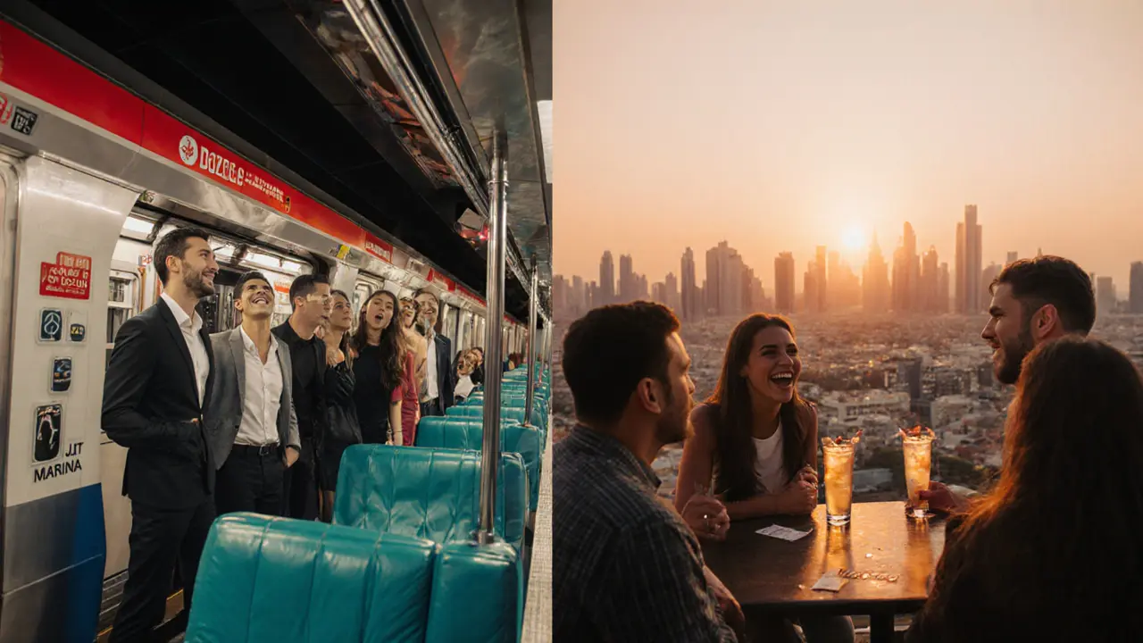 Friends on a metro train and later on a rooftop comedy bar enjoying drinks and city views.