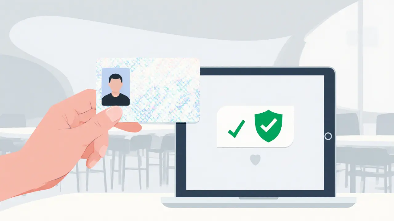 Hand holding ID next to tablet showing a security check icon.