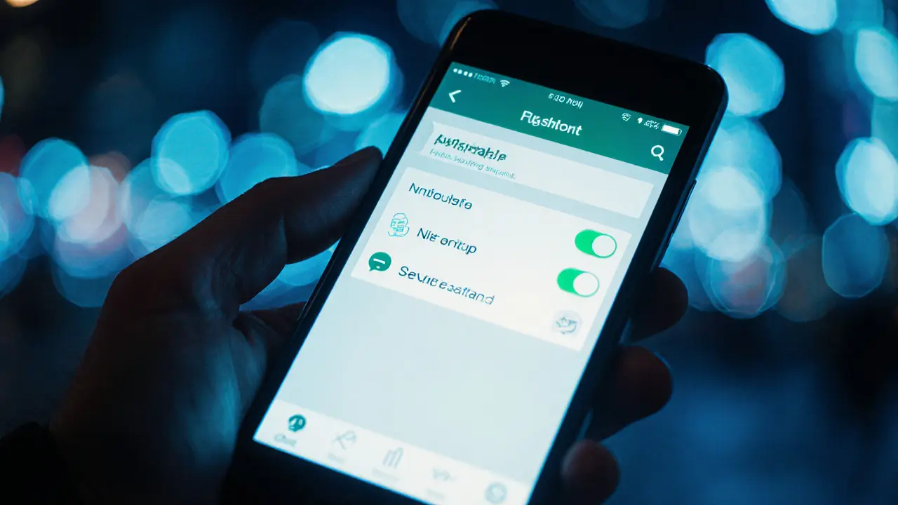 Hand holding phone with escort app UI, green availability toggle and push notification, city lights blurred behind.