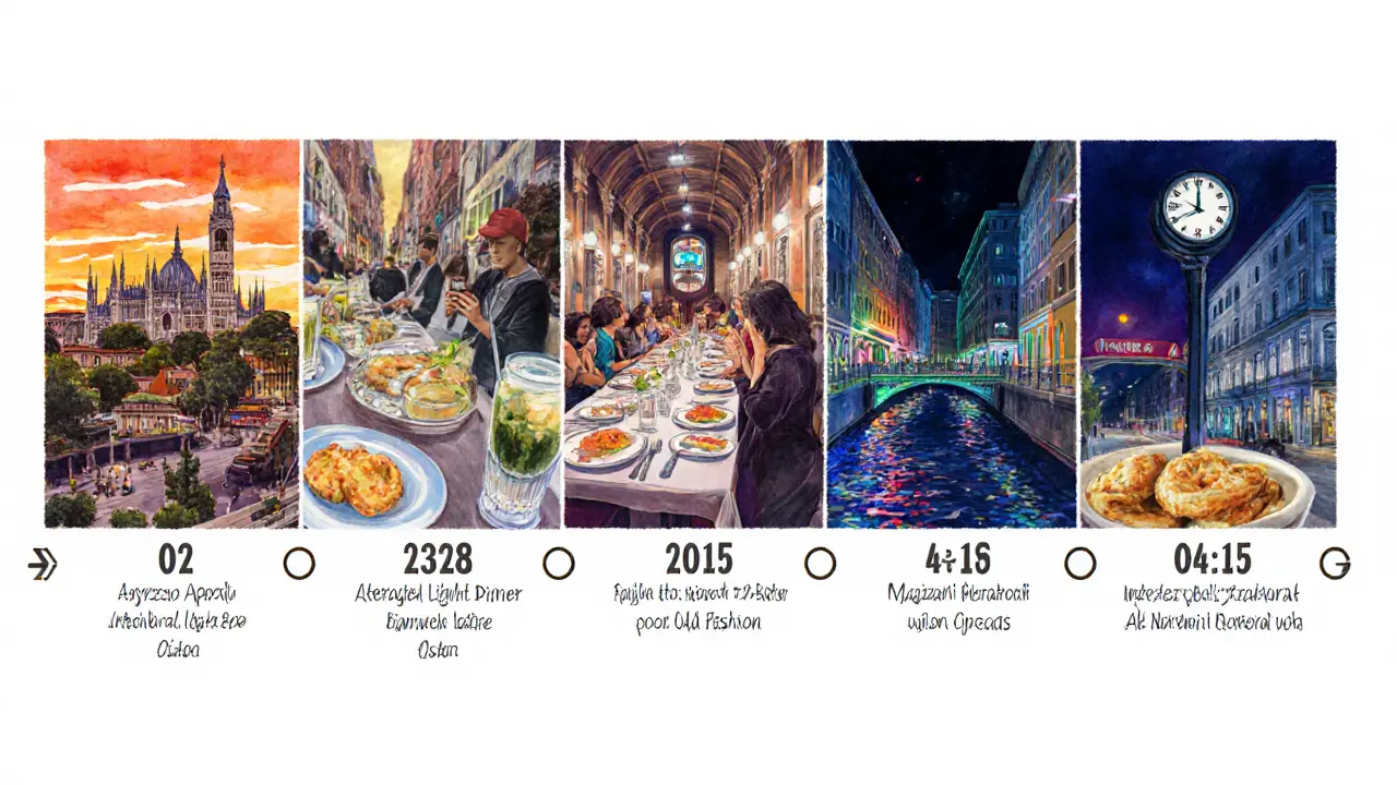 Illustrated timeline of a Milan night out: aperitivo, dinner, cocktails, club, snack, and metro ride.