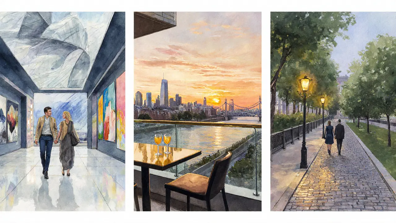 Illustrated trio of London date spots: museum, rooftop bar, riverside walk.