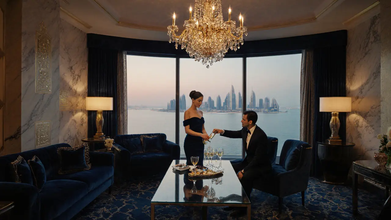 Inside a Burj Al Arab suite, a refined escort serves champagne to a gentleman.