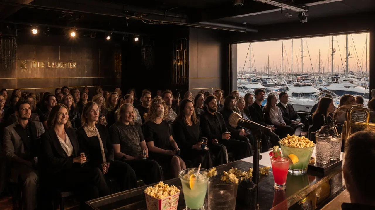Inside a sleek Dubai comedy club with audience, stage mic, and sea‑salt popcorn bar.