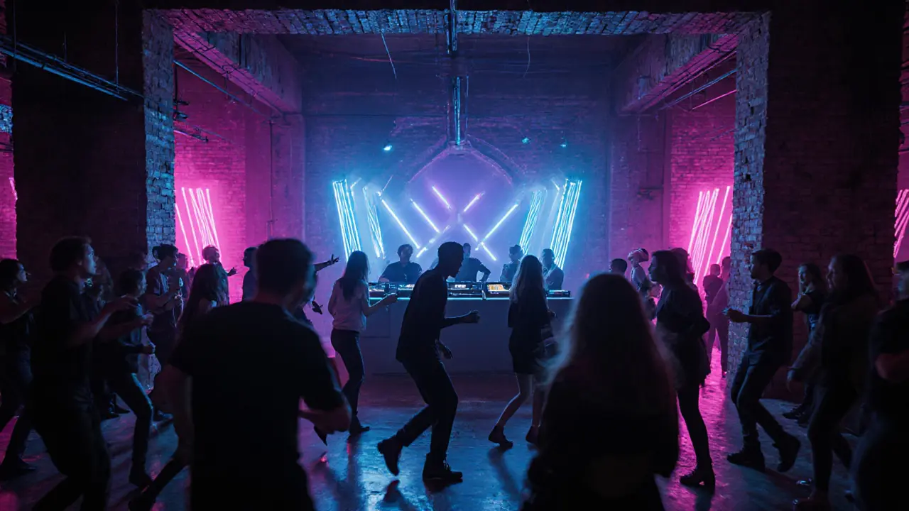 Inside Magazzini Generali techno club with neon lights, DJ booth, and a crowd dancing.