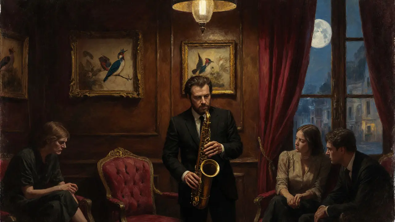 Intimate jazz club with vintage bird art, a saxophonist playing, and listeners lost in music under soft lamplight.