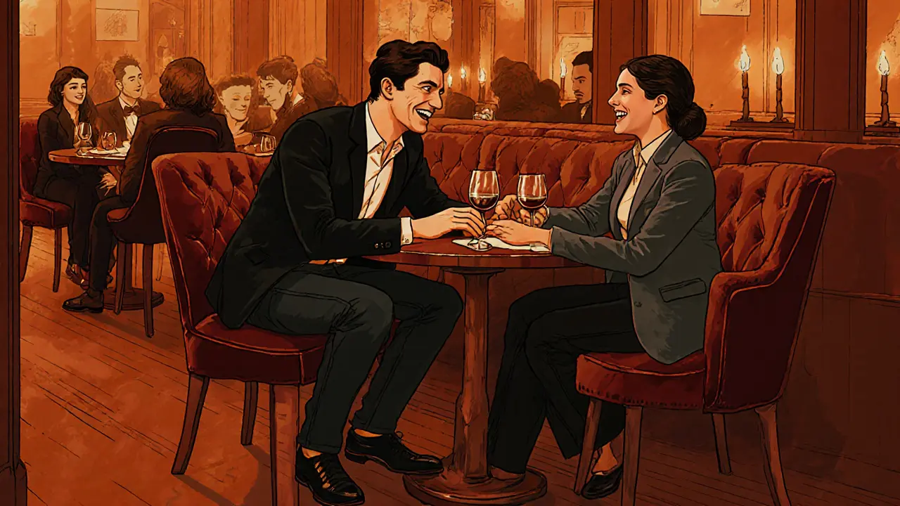Intimate Le Marais bar scene showing two people mirroring each other&#039;s posture and a light forearm touch.