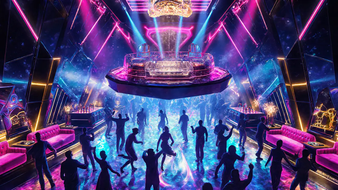 Jimmy'z nightclub interior with LED lights, dance floor and VIP area.