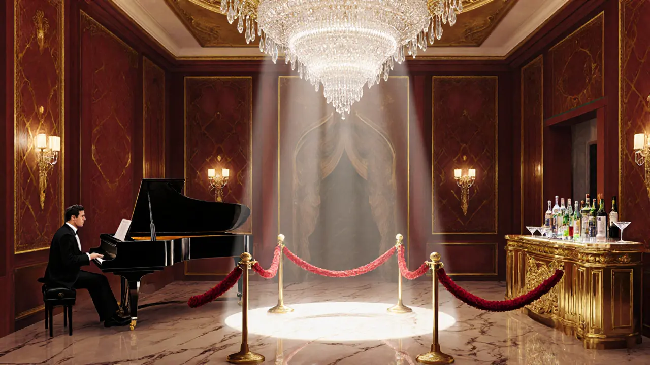 Luxurious Emirates Palace Lounge interior with chandelier, velvet rope, and bartender serving martinis.