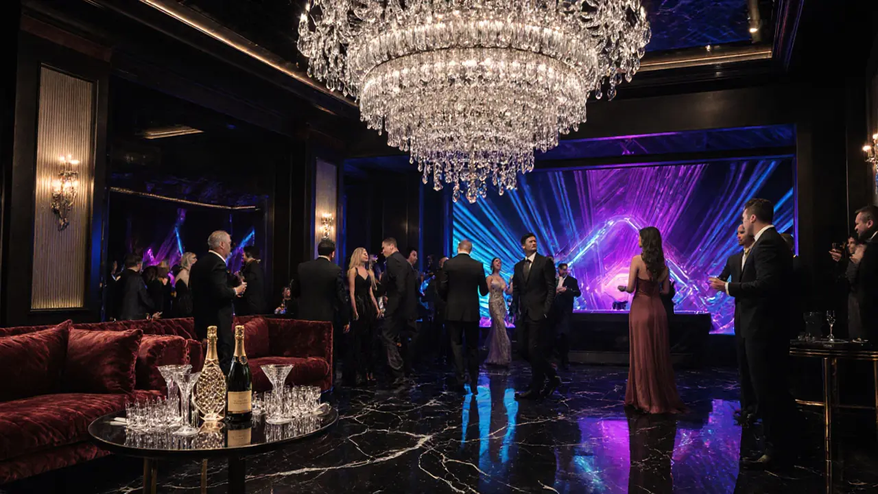 Luxurious interior of Jimmy'z nightclub with chandelier, VIP lounge, and dressed crowd.