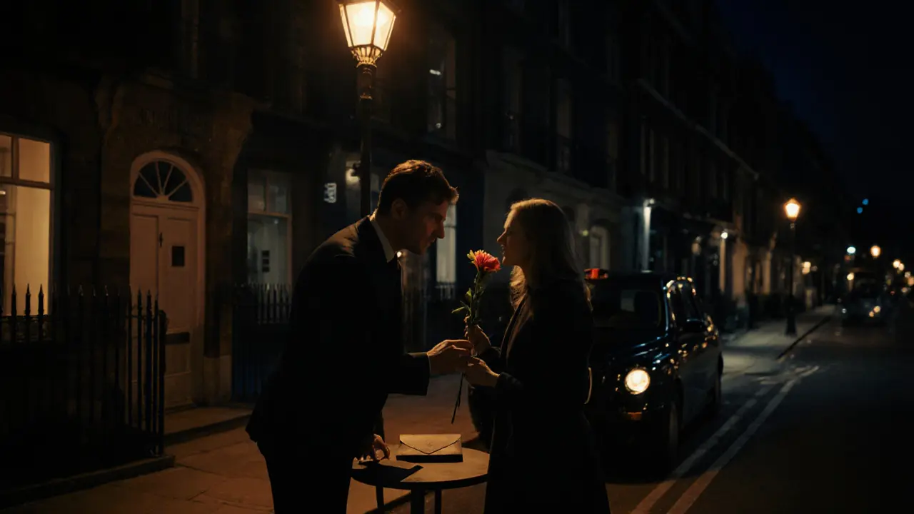 Man offers a flower to escort beside a black cab after a night out.