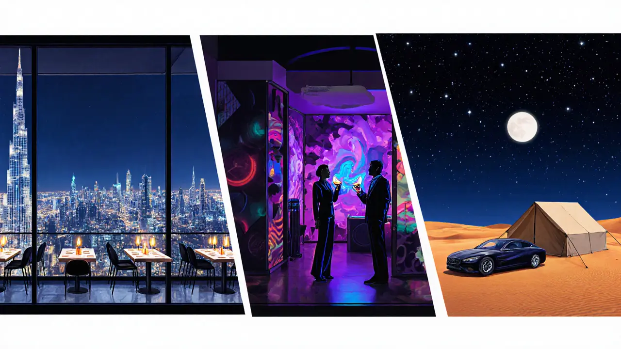 Night itinerary collage showing dinner, sky lounge, art warehouse, desert camp.