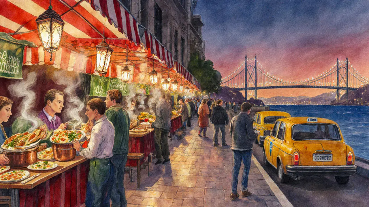 Nighttime street‑food stalls in Kadıköy serving kokoreç, midye dolma and lahmacun.