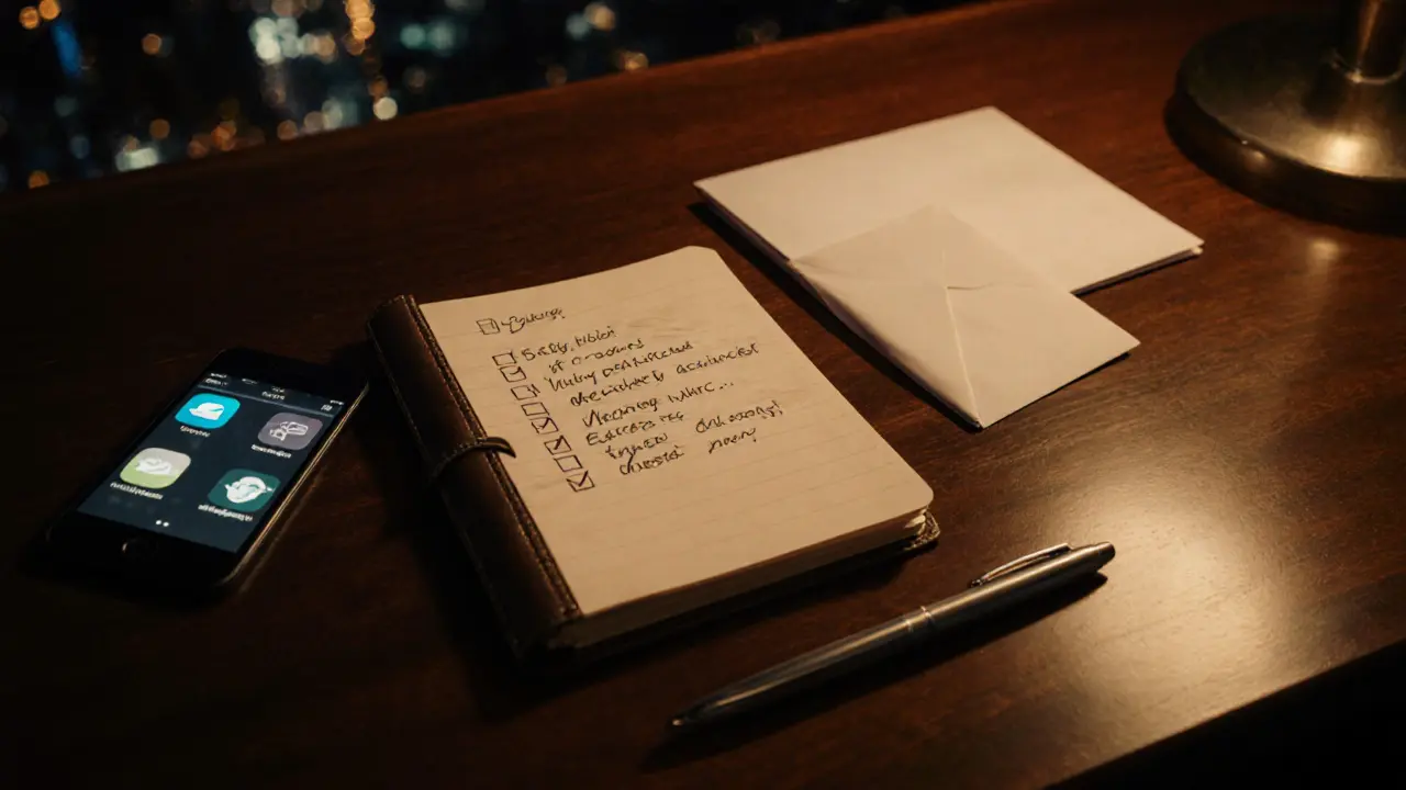 Notebook with checklist, pen, phone, and sealed envelope on a dark desk.