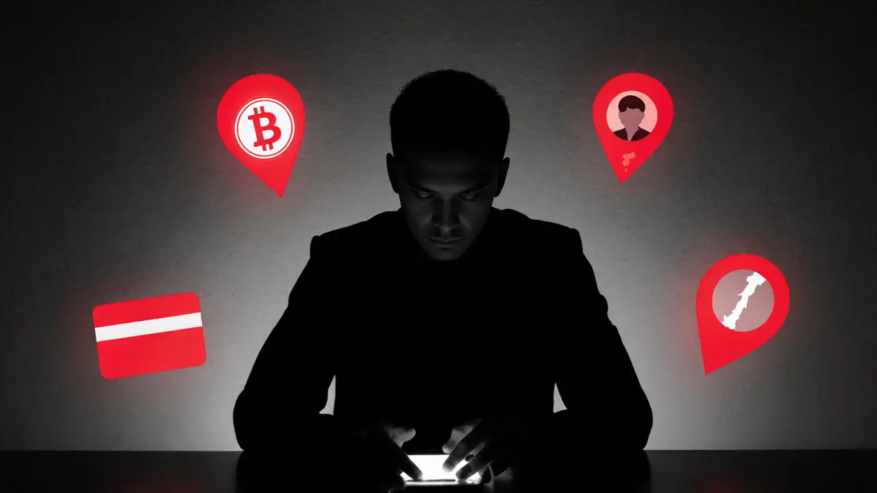 Person in dark room surrounded by red warning icons representing common red flags.