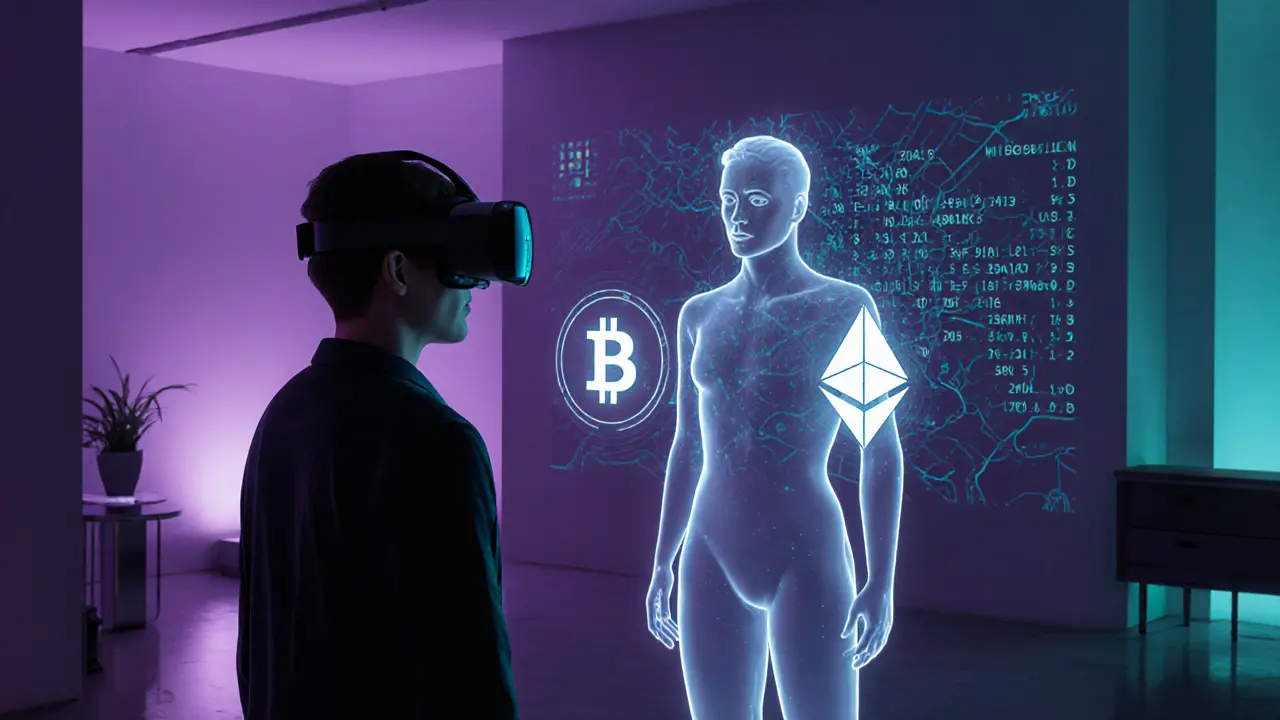 Person wearing VR headset with holographic avatar and floating cryptocurrency symbols in a futuristic loft.