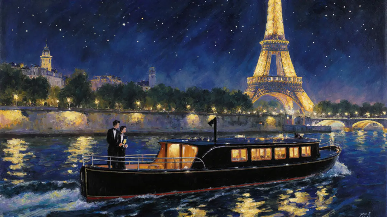 Private boat cruise on the Seine beneath the illuminated Eiffel Tower.