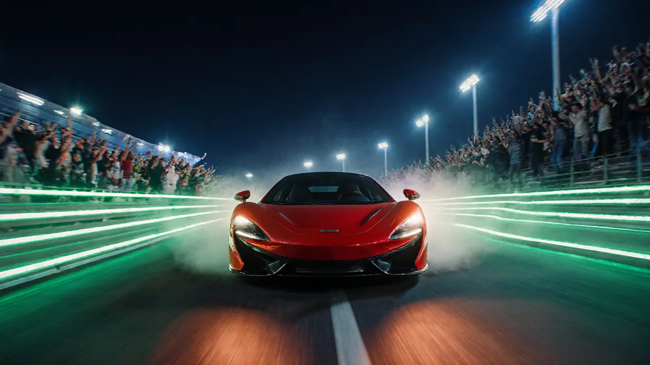 Red supercar racing on a glowing LED track at Yas Marina Circuit night‑lap.