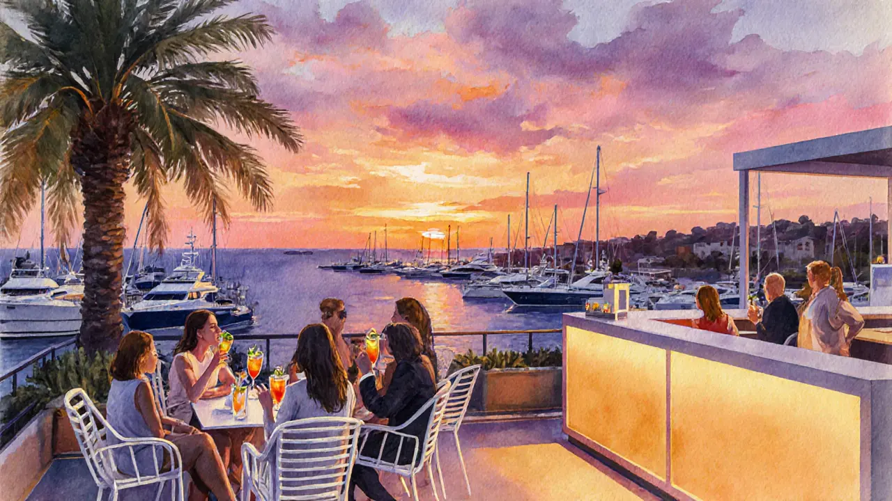 Rooftop bar at Sass Café showing sunset over the harbor with patrons enjoying cocktails.