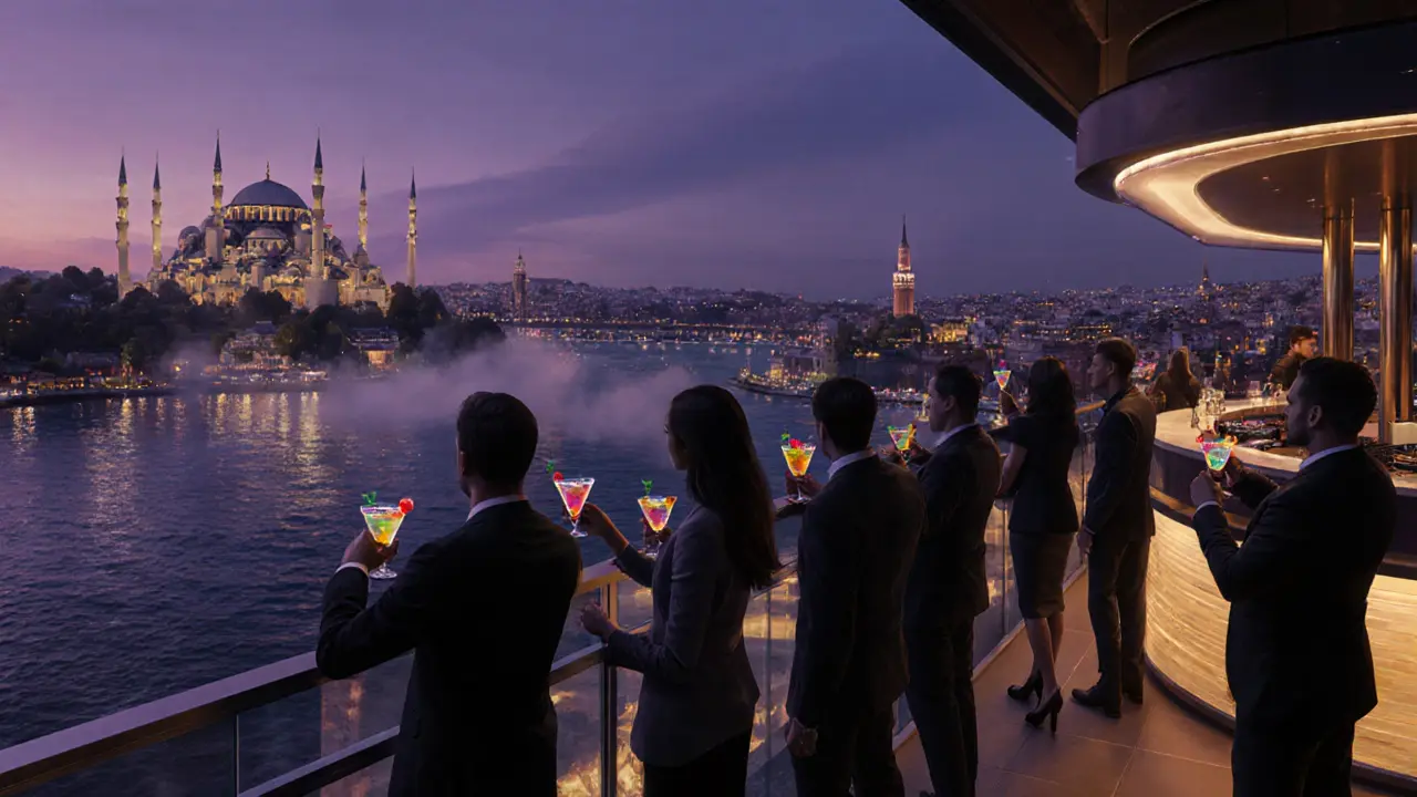 Rooftop bar view showing patrons with cocktails and Istanbul skyline at dusk.