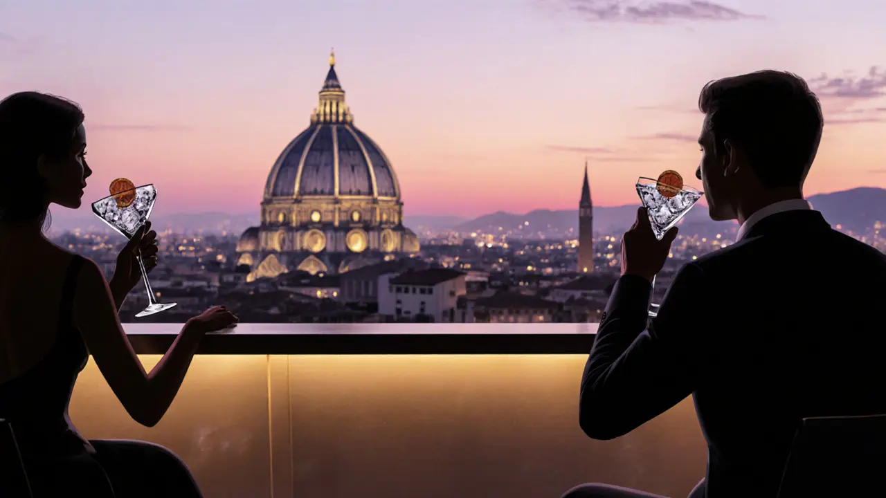 Rooftop lounge with a cocktail and sunrise view of the illuminated Duomo.