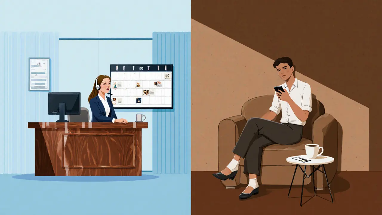Split scene showing an agency office on one side and an independent escort using a phone on the other.