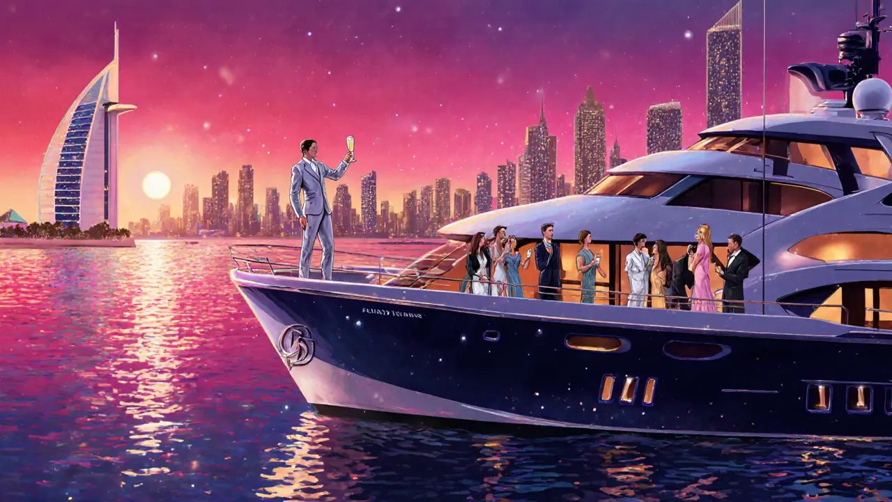 Stylized yacht scene at sunset with a chic escort raising a champagne toast.