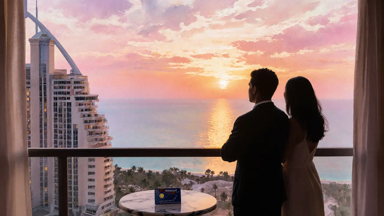 Sunrise over Atlantis The Palm with couple silhouette and souvenir.