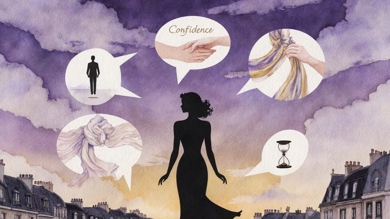 Surreal collage of five floating symbols representing confidence, body language, conversation, appearance, and timing.