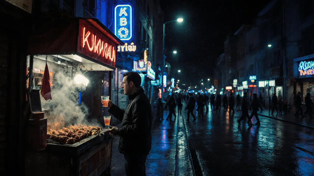 Taksim street vendor serving kebab next to neon lights, traveler with raki.