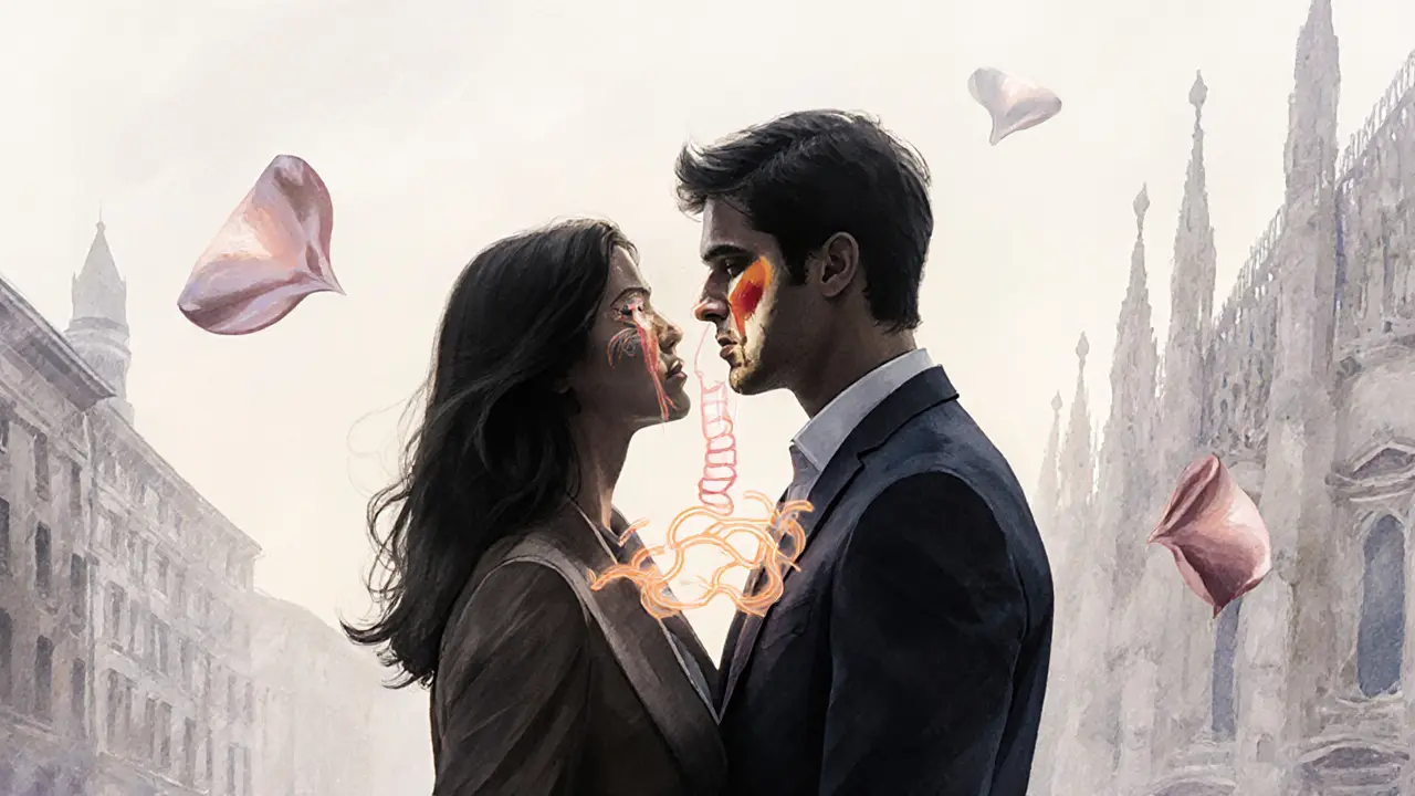 Two abstract silhouettes in a misty Milan dawn, connected by subtle visual symbols of emotional connection and trust.