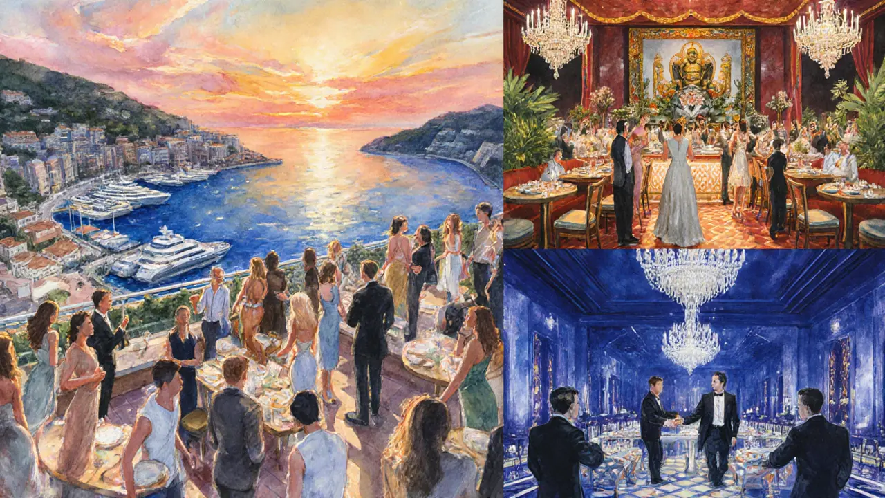 Watercolor scene of Monaco nightlife venues on a rooftop terrace, lounge, and ballroom.
