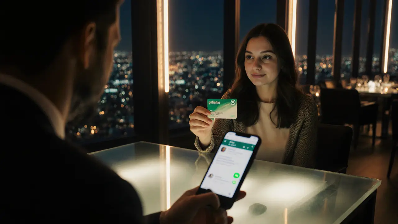 Woman showing blurred ID to a man in a luxury lounge, emphasizing verification and trust.
