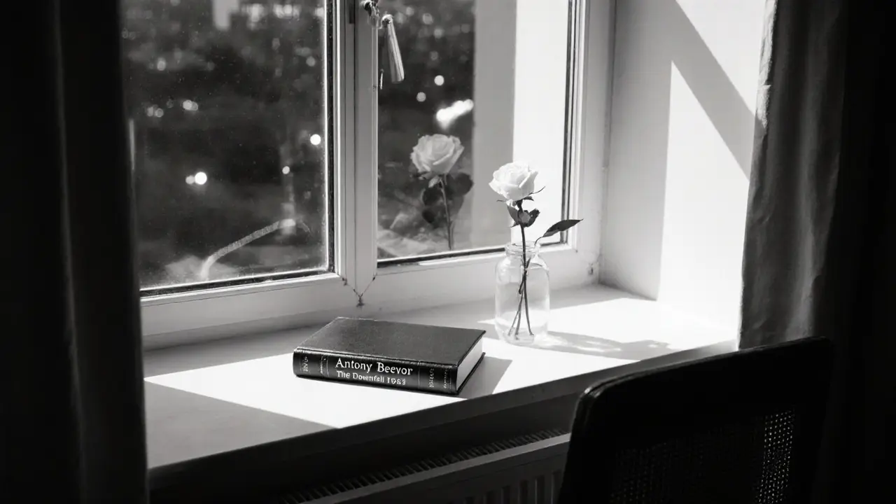 A book and a single rose on a windowsill, symbolizing a thoughtful farewell.
