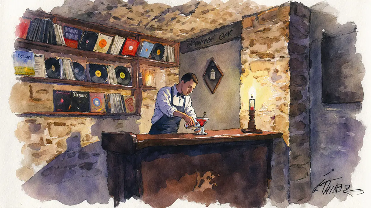A candlelit cellar bar made from a piano, lined with vinyl records, in quiet, reverent ambiance.