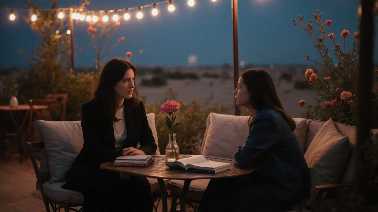 A client and companion relaxing in a secluded garden café, sharing a quiet moment under soft string lights.