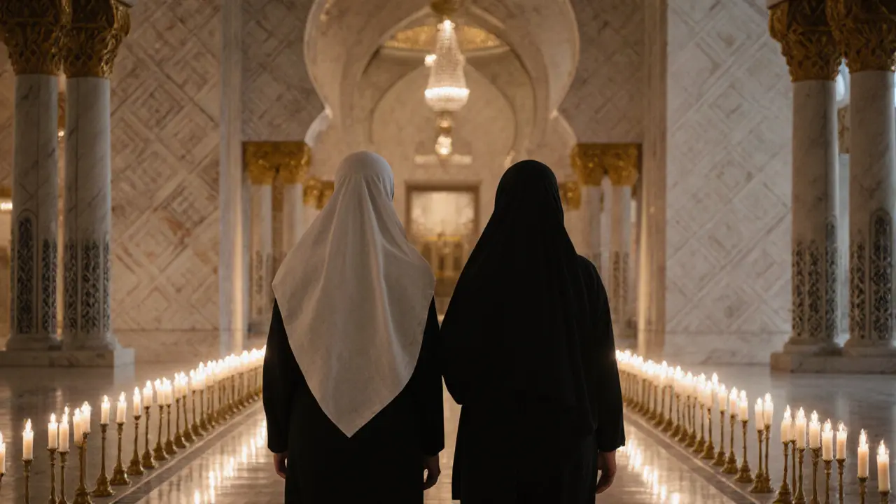 A companion and client explore the Sheikh Zayed Grand Mosque in serene, candlelit quiet after hours.