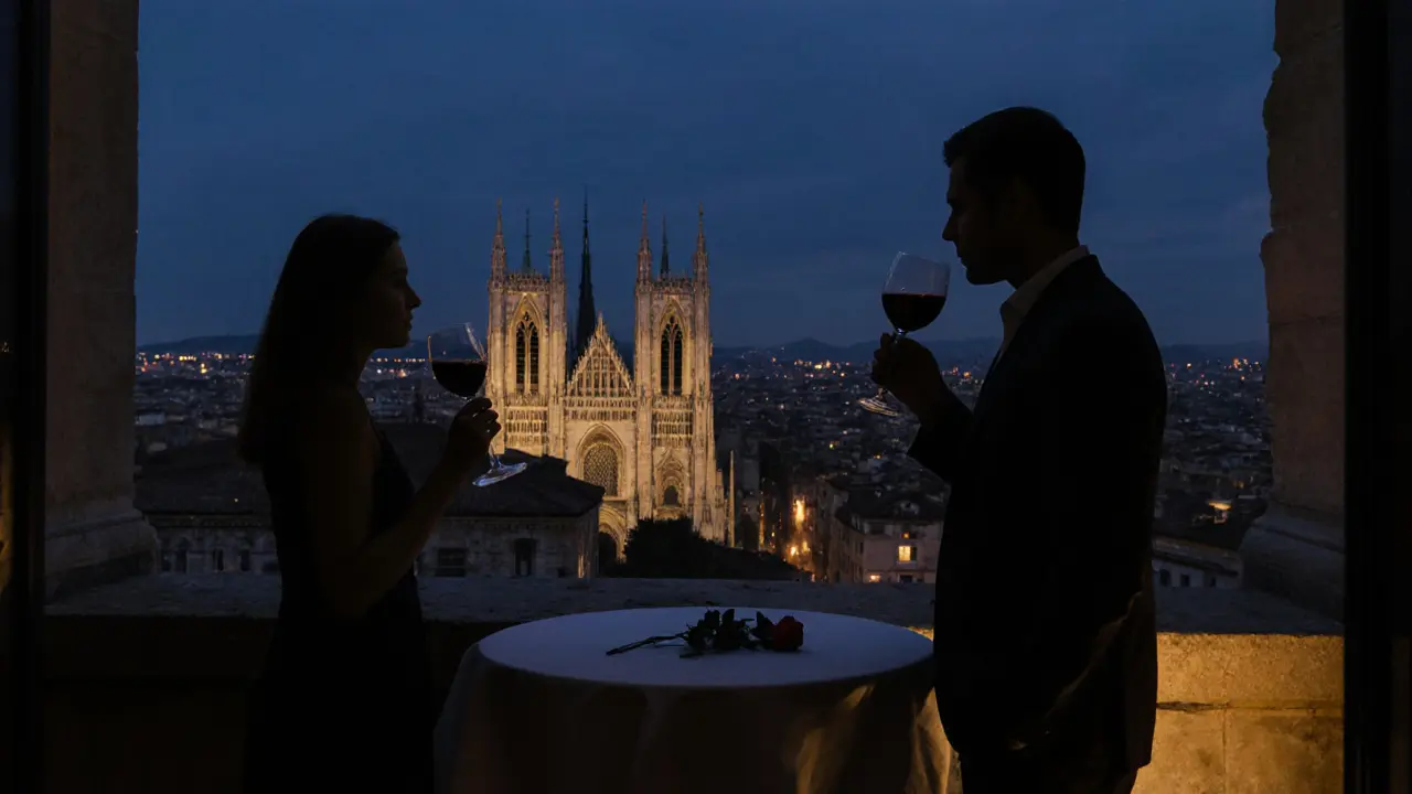 A couple on a hidden Milan rooftop at dusk, overlooking the Duomo with no crowds in sight.