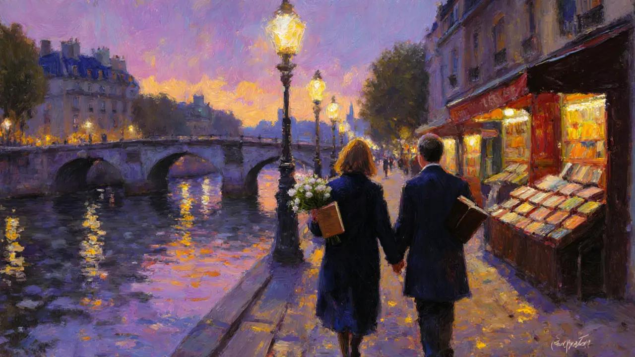 A couple walking along the Seine at twilight, one holding flowers, the other a book, bridges and bookstalls around them.